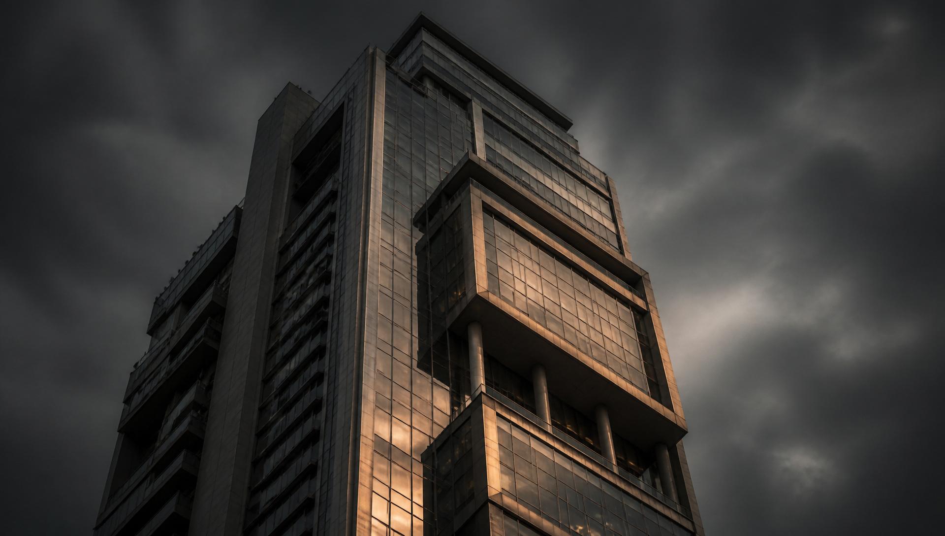 Torre corporativa moderna de vidro e concreto vista de baixo sob céu dramático